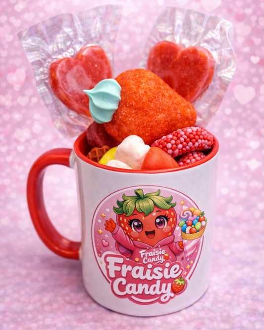 Vue du mug Saint-Valentin avec bonbons roses et rouges