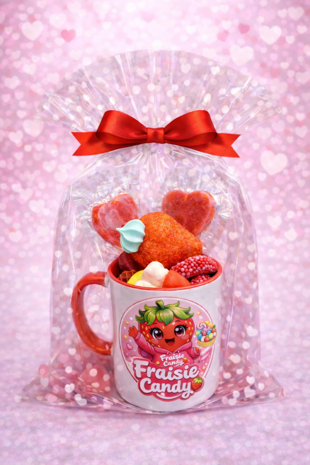 Vue du mug Saint-Valentin avec bonbons roses et rouges