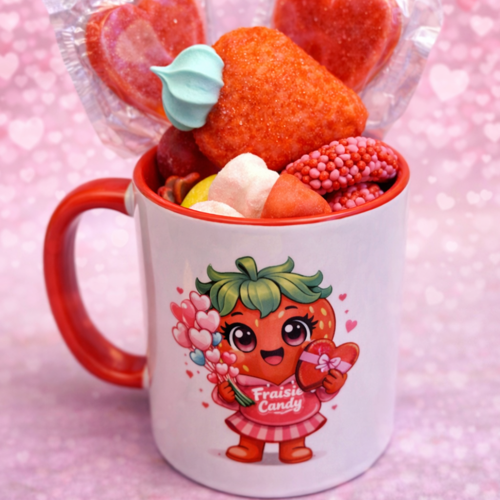 Mug céramique Fraise Candy avec logo Fraisinette rempli de bonbons Saint-Valentin