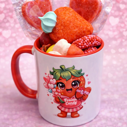 Mug céramique Fraise Candy avec logo Fraisinette rempli de bonbons Saint-Valentin