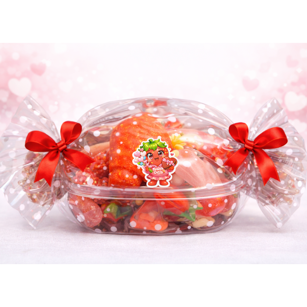 Bonbonnière translucide en forme de bonbon remplie de friandises Saint-Valentin