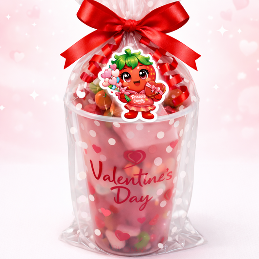 Shaker Fraisie Candy rouge rempli de bonbons roses et rouges pour la Saint-Valentin